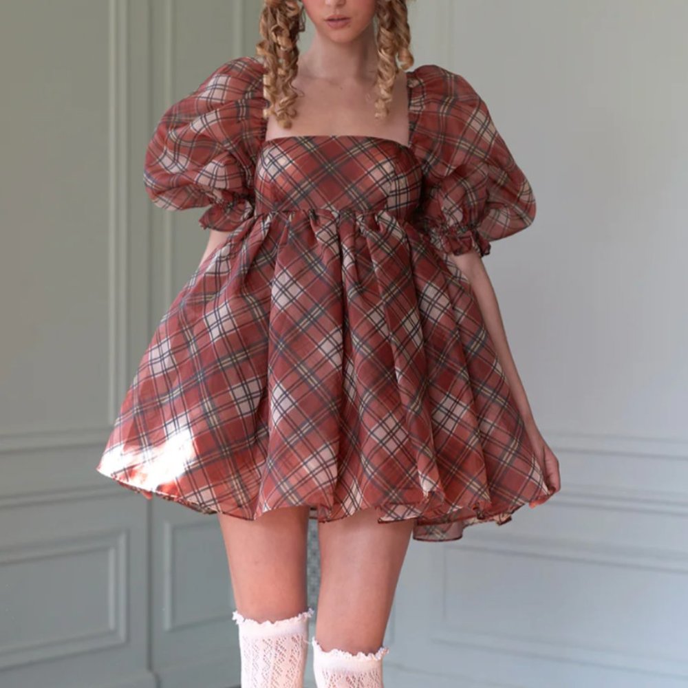 NEW Selkie The Jane Eyre Puff Mini Dress Checks - Picture 10 of 11